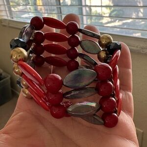 Acrylic beaded layered bracelet in burgundy and bronze
